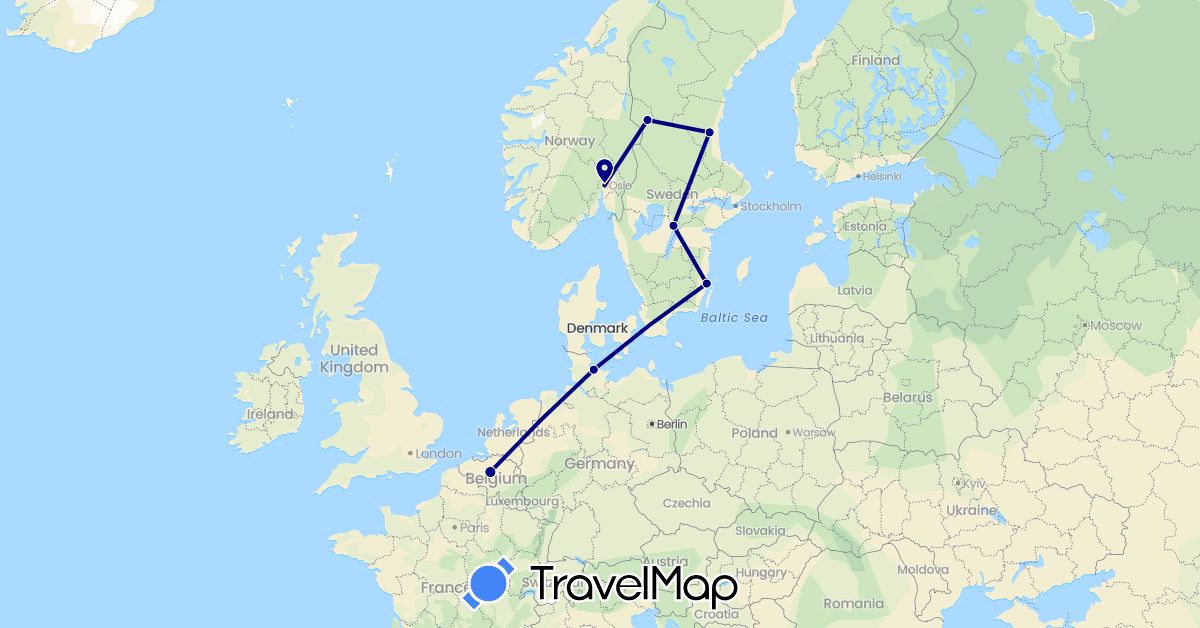 TravelMap itinerary: driving in Belgium, Germany, Norway, Sweden (Europe)
